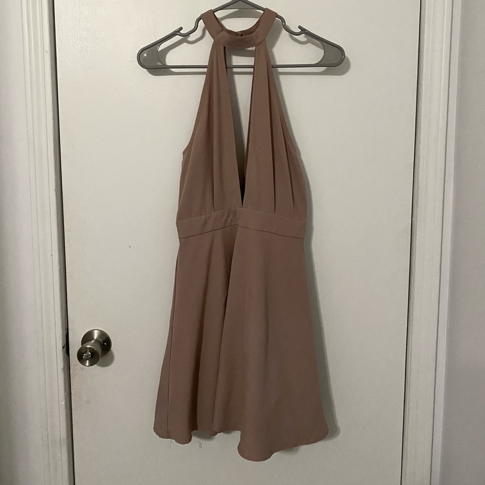Missguided Halter Deep V dress in beige / tan, size US 2